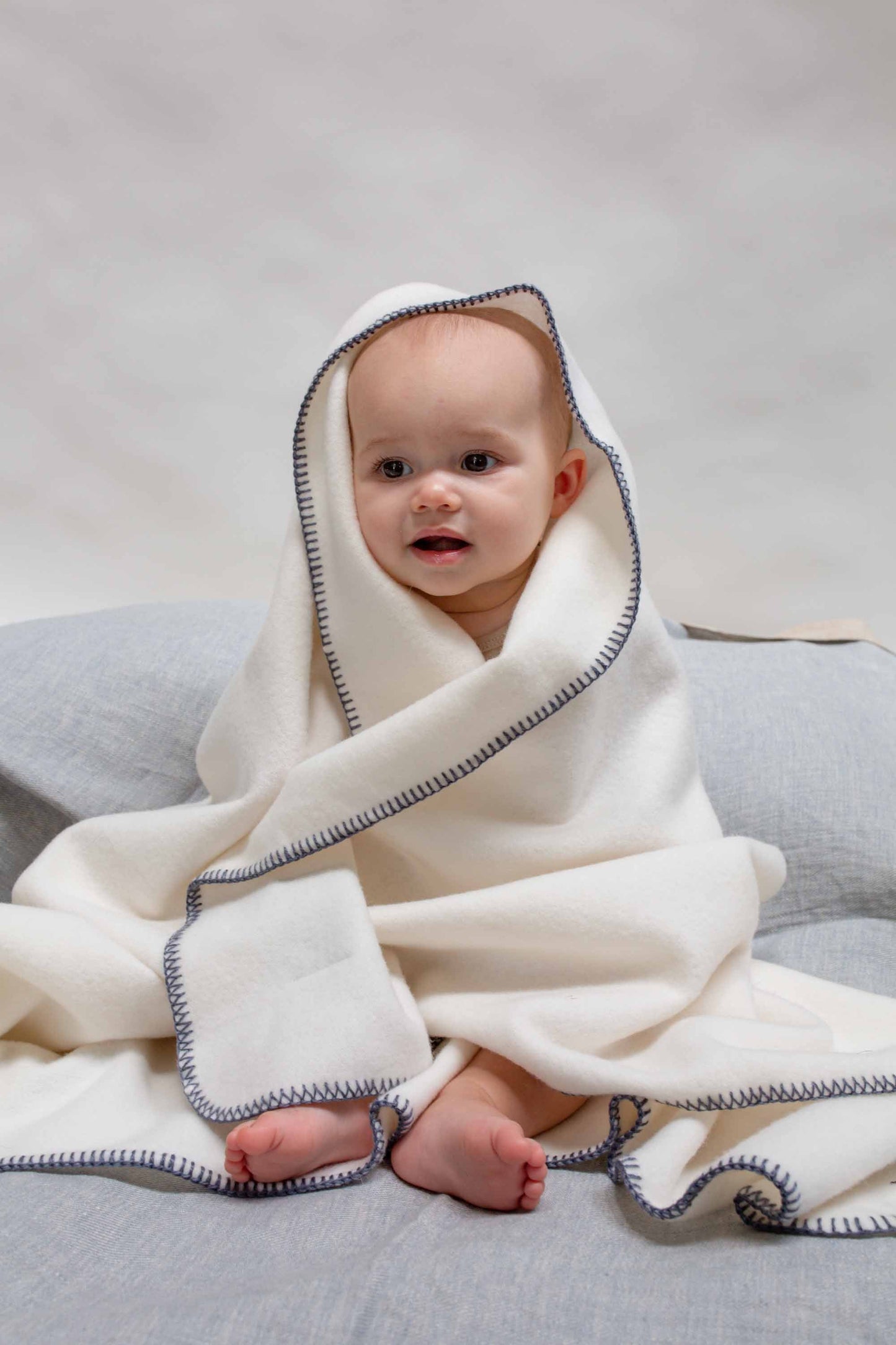 Baby's First Blanket - White with Blue Stitching