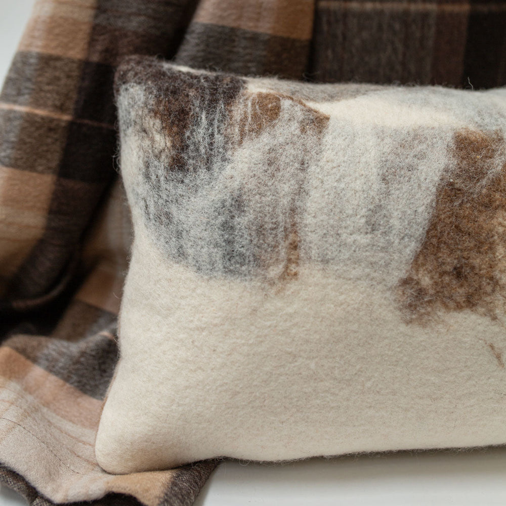 
                      
                        Tahoe with Cream Wool Pillow with Prima Alpaca Back in Plaid Espresso Camel
                      
                    