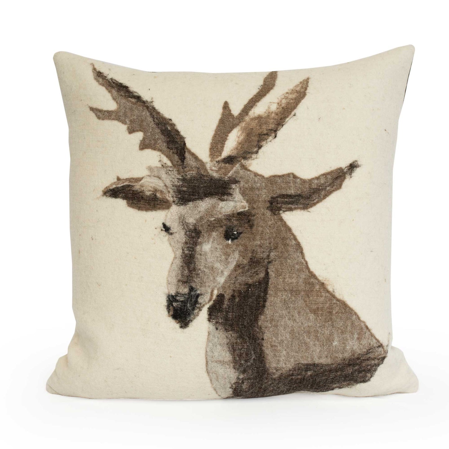 Pictorial Stag Head Pillow Felted Wool, Brown Leather Back